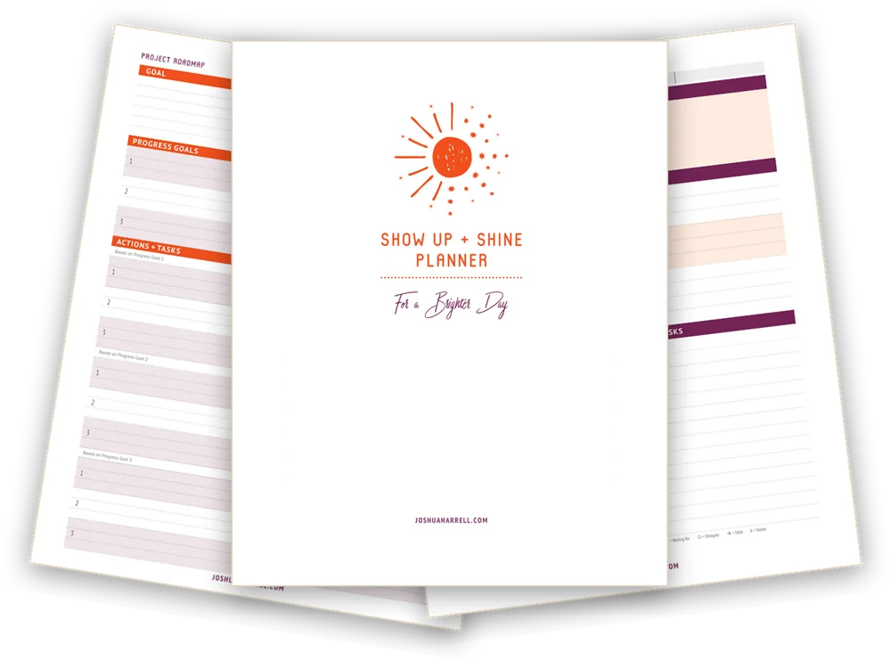 Pages from the free Show Up + Shine Planner by Joshua Harrell: project roadmap, cover, and daily page