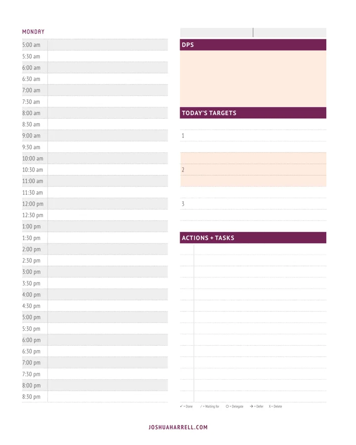 Daily page with schedule, Daily Positioning Statement, today's targets, and actions and tasks