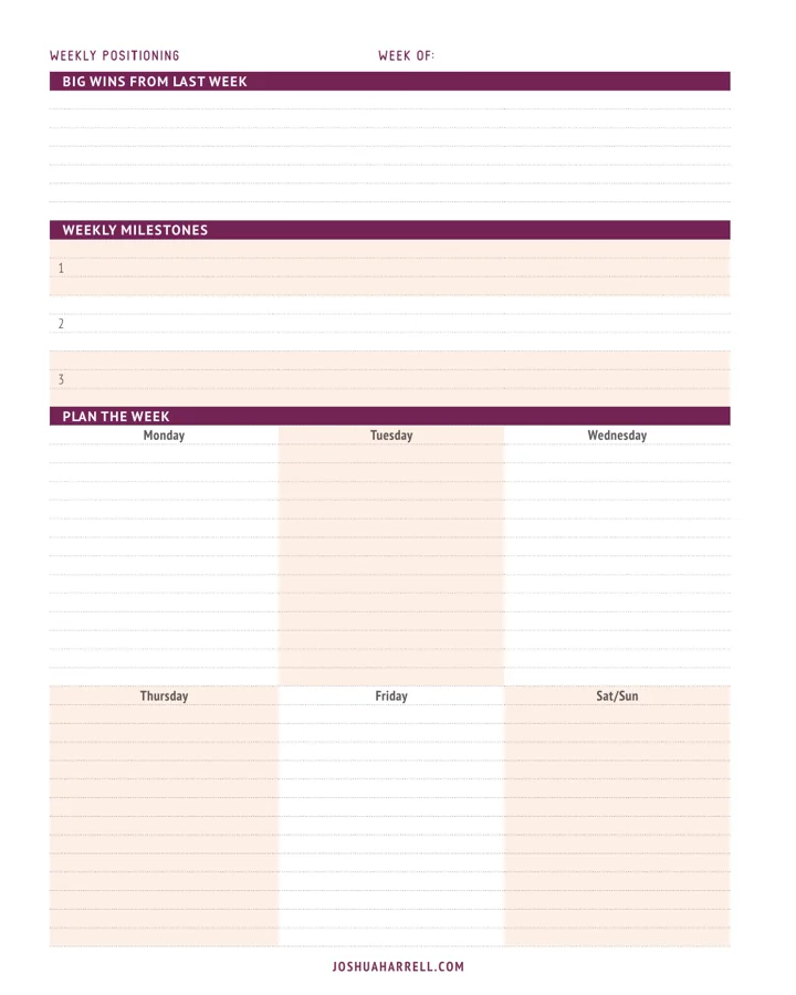 Weekly Positioning page with big wins from last week, weekly milestones, and plan the week